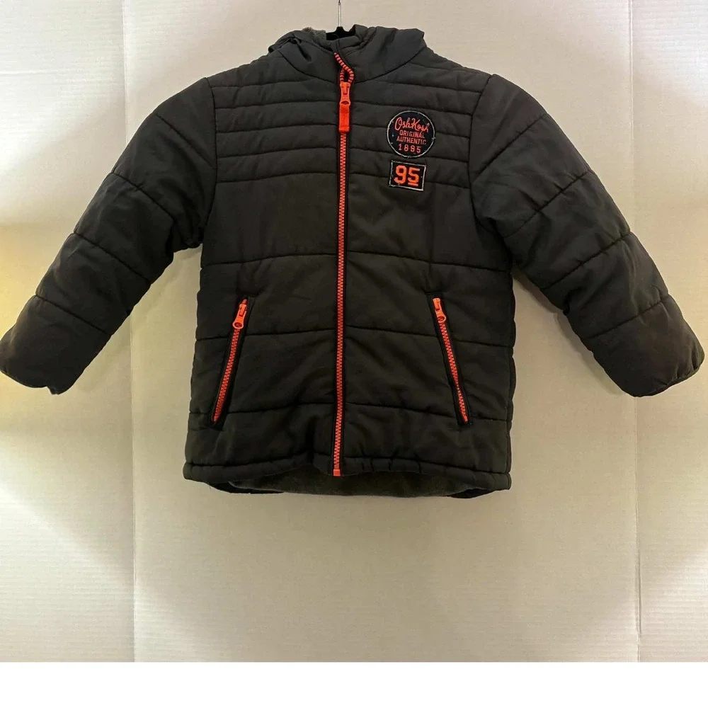 OshKosh B'gosh Puffer Jacket Boys 5-6 Gray Orange Fleece Lined Winter S/B216E34